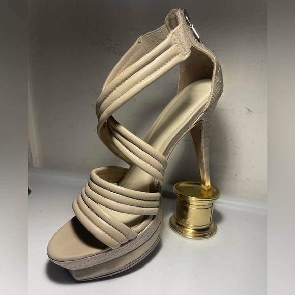 Herve Leger wome’s sandals strappy heels platform beige leather snakeakin sz 38 - Picture 4 of 12